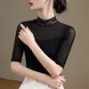 Nueva Camiseta de Media Manga con Cuello Medio para Mujer 2026, Encaje de Otoño, Cuello Alto, Manga Tres Cuartos, Camiseta Base de Malla de Alta Gama