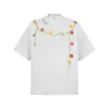 2025 Nova T-shirt de Manga Curta Bordada Estilo Americano Retro Florido Indústria Pesada Masculina e Feminina Gola Redonda Solta Algodão Pesado High Street