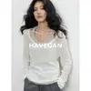 Con Jian HAVEGAN / Top de Punto Perezoso de Lino Tencel Otoño Camisa Chaleco Protector Solar para Mujer Top Falso de Dos Piezas Estilo Old Money