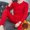 Ropa interior térmica de invierno para hombre, traje grueso con forro polar, conjunto de suéter de cuello redondo grande rojo para jóvenes y adultos de mediana edad, para año de nacimiento