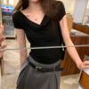 Moda Estilo Coreano Colarinho Balanço Verão Roupa Externa para Garota Quente Camiseta de Manga Curta para Mulheres 2025 Novo Top Ombro Único Modelador de Cintura