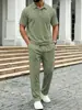 Nuevo Comercio Exterior Transfronterizo Conjunto de Ropa Casual de Lino para Hombre Color Sólido Holgado Cuello Solapa Bolsillo Camiseta Manga Corta Pantalones Largos