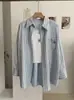 KEKEZOON Camisa de Manga Larga de Longitud Media con Solapa de Bordado de Caballo Pequeño y Raya Vertical con Chaleco Conjunto de Dos Piezas 8707