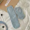 Calcetines holgados de sal marina azul grisáceo para primavera y otoño para mujer, calcetines dulces de estilo coreano a rayas florales de media pantorrilla, estilo fino y transpirable con bordes rizados
