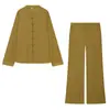 Moda feminina europeia e americana transfronteiriça AliExpress item mais vendido estiloso camisa de manga comprida gola redonda cor sólida com nó + conjunto de calças de perna reta