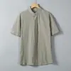 Camisa de manga corta para hombre, nueva tendencia de verano 2025, camisa de lino y algodón de media manga, cuello alto, informal