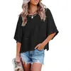 2026 Amazon Transfronterizo Verano Nuevo Estilo Europeo y Americano Patchwork Color Sólido Cuello Redondo Holgado Top Camiseta con Mangas de Tres Cuartos Acampanadas