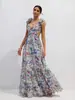 Moda Transfronteriza Europea y Americana para Mujer 2026 Nuevo Escote en V Profundo Chifón Largo Estampado sin Mangas Elegante Vestido Floral Vestido de Noche
