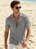 Tamanho Europeu Transfronteiriço Masculino Verão Solto Casual Respirável Gola Reversível Cardigan Cor Sólida Tecido Jacquard de Toalha Manga Curta Camisa Estilo Americano