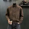 Jaqueta de voo estilo americano em couro PU para homens, jaqueta curta boxy desconstruída em patchwork para outono, marca da moda, ombro reto, gola alta, jaqueta baseball