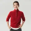 Suéter de Tricô Henley Retro com Botões e Gola Meia-Alta Feminino 75% Cashmere 25% Seda Fio de Flor Manga Longa Solto para o Dia a Dia
