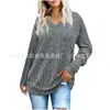 Amazon Wish Popular Transfronterizo Europeo y Americano Comercio Exterior Ropa de Mujer 2026 Manga Larga Cuello en V Tejido de Canalé Cepillado Camiseta