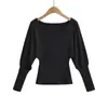 Tricô com Manga Morcego Estilo Desejo Puro com Forro de Lã e Decote V para Mulheres no Outono e Inverno, Camada Interna que Marca a Cintura, Top de Manga Longa Justo
