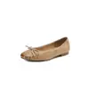 Sapatos Rasos Femininos de Couro Bovino de Primeira Camada com Efeito Envelhecido, Design Confortável com Laço, Novo Modelo de Primavera, Couro Genuíno por Dentro e por Fora, Sapatos Femininos Rasos Slip-On com Bico Redondo