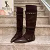 Novas botas finas de bico fino estilo coreano com tachas, uso bidirecional destacável, botas Martin, botas de motociclista até o joelho, sapatos femininos para mulheres baixinhas
