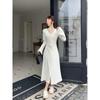 Pure Desire - Vestido de manga larga para mujer, otoño, cintura pequeña, adelgazante, plisado, con tirantes irregulares, falda larga