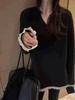 Suéter de Tricô Gola V Comprimento Médio Estilo Coreano Feminino Outono e Inverno 2024 Novo Casual Solto Emagrecedor Macio Aveludado Plush Top