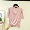 Camiseta Modal Nova Patchwork Gola V Manga Cinco Pontas Feminina Verão Tamanho Grande Elástica Camada Base Solta Casual
