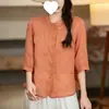 Camisa bordada de estilo coreano retro con cuello mao para mujer, nueva colección verano 2025, elegante y rejuvenecedora, corte holgado, moderna camisa de manga de cinco cuartos