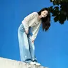 Jeans de pierna ancha bordados florales azules para mujer, estilo verano 2026, talla grande, cintura alta, holgados, adelgazantes, pantalones de pierna recta