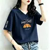 Camiseta de Algodón de Manga Corta con Hombro Normal Estilo Nicho Diseño Nuevo 2026 para Mujer, Top Versátil de Moda Azul Marino para Verano