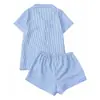 Europa 2026 Verano Conjunto de Pijama de Burbuja Crepé para Mujer Manga Corta Simple Azul Ropa de Casa Venta Directa de Fábrica