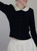 Suéter de Punto Delgado de Lana con Cuello Peter Pan Retorcido para Mujer, Cárdigan de Principios de Otoño, Top Elegante Delgado de Manga Larga en el Hombro Derecho