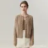 Cardigan de Tricô Solto com Padrão Torcido Elegante e Botão de Pérola 100% Caxemira para Mulheres, Suéter Casaco Suave Estilo Francês