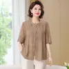 Moda de Verão para Mães Plus Size (100kg): Camisa Elegante de Manga Média para Mulheres, Caimento Solto para Cobrir a Barriga, Adequada para Mulheres de Meia-Idade e Idosas