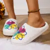 Zapatillas de Algodón Populares para Mujer con Suela Gruesa, Bordado de Mariposa Transfronterizo, Lana Gruesa, Venta al por Mayor Transfronteriza, Otoño e Invierno