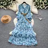 Vestido Floral Retro Francés de Cuello en V y Manga Larga para Mujer, Verano Estilo Coreano Adelgazante Vestido de Tartas Fruncido con Romántico Elegante