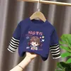 Camiseta de Moda Holgada con Parches de Dibujos y Rayas para Niños Mayores, Nueva Camiseta Básica de Primavera y Otoño para Niños, Manga Larga para Niñas