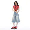 Calça Jeans Cropped Reta Lavada Azul Claro Resistente Estilo Retrô Americano Verão 2026 Solta Modeladora Wide Leg Comprimento Médio