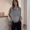 Cárdigan de punto de lana con cuello polo patchwork para mujer, suéter abrigo versátil para primavera y otoño con cuello de camisa, fresco y dulce