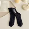 Meias de Coral Fleece de Cano Médio para Outono e Inverno com Forro de Lã Espessas Quentes Meias Femininas com Laço para Dormir em Casa Meias de Lua