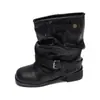 Botas western de cowboy com sola grossa para mulheres, novo estilo primavera e outono 2026, com fivela de cinto, salto grosso e design até o tornozelo