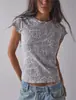 2026 Nuevo Modelo Aliexpress Camiseta de Manga Corta con Estampado de Leopardo Gris Claro para Mujer, Top Corto Ajustado de Cuello Redondo Estilo Chica Picante