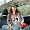 Camiseta de Algodón Suelta de Cuello Redondo en Color Contrastante Estilo Harajuku para Mujer con Estampado de Gato de Dibujos Animados, Top Delgado de Longitud Media Ins