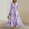 Primavera/Outono 2026 Novo Estilo Transfronteiriço Europeu e Americano Comércio Exterior Roupas Femininas Estampado Decote V Manga Longa Moda Vestido Plissado Saia Longa Feminina