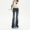 Jeans Feminino Streetwear Americano Spicy Girl de Cintura Baixa com Barra Flare Pequeno, Elástico, Emagrecedor, Valoriza a Silhueta, Estiloso, Versátil, Calças Wide-Leg