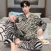 Pijama Masculino 100% Algodão Primavera e Outono Novo Estilo Manga Longa Calça Longa Cardigã Gola Lapela Moda Estilo Coreano Roupa de Casa Roupa de Fora