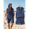 Conjunto europeo de verano para hombre sin mangas con capucha, de algodón y lino, top y shorts para hombre, atuendo casual holgado para vacaciones
