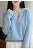 Dropshipping disponível: Estilo Outono/Inverno, suéter de malha com gola, 100% lã, pulôver feminino de manga longa, com botões, cor sólida, camada base