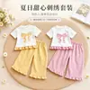 Conjunto de Verão Estilo Coreano para Meninas com Laço e Babados Roupa Infantil Bonita Roupa de Verão para Bebê Menina Conjunto Elegante de Duas Peças