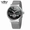 Reloj Mecánico Impermeable T-Winner Moda Casual para Hombre Correa de Malla Hueca Reloj Mecánico Semiautomático Caja Dorada Esfera Negra