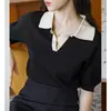 Camiseta de punto Tencel con cuello polo de contraste, manga corta, diseño con sentido, manga de farol, top corto, nuevo estilo de verano para mujer