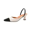 Zapatos de dama de dos tonos con punta, de punta cerrada, destalonados, sandalias de tacón medio, disponibles en varias tallas, comercio exterior 034-12