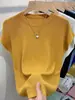 Camiseta de Manga Corta para Mujer, Nuevo Estilo Tejido de Seda de Hielo, Estilo Delgado de Verano, Corte Holgado, Adelgazante, Top Básico de Cuello Redondo