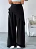 Calça Pantalona Slimming Patchwork Cinza para Mulheres, Novo Design de Outono com Cordão Cintura Alta Comprimento Total Calça Saia em Preto