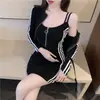 Vestido de traje retro chic estilo Hong Kong para mujer, abrigo fino de primavera y otoño ajustado, vestido de tirantes, conjunto de dos piezas elegante y que rejuvenece